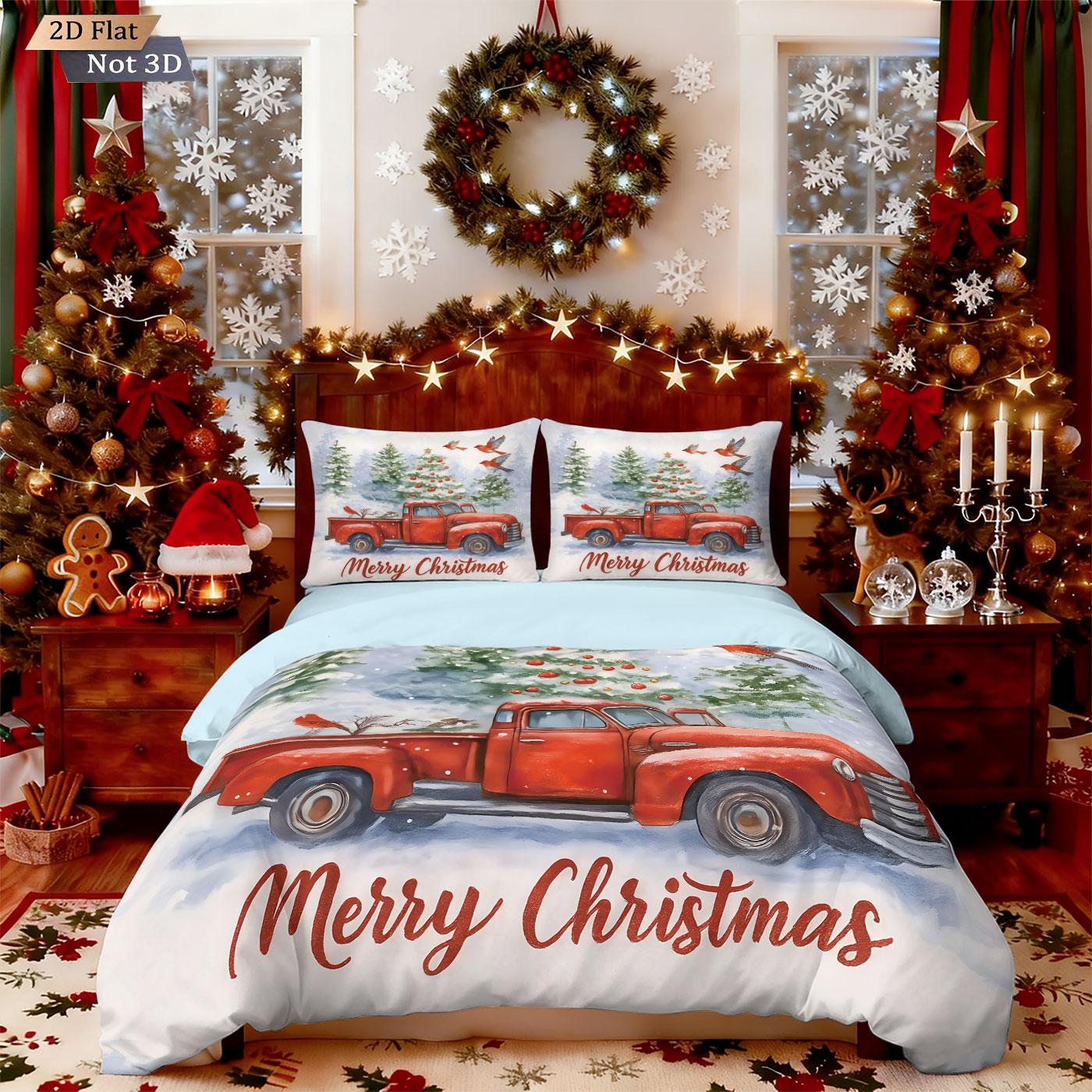 

3pcs Merry Christmas red car print coreless duvet cover set multiple sizes bedrooms dormitories bedding holiday decorations EU Single(135*200cm)3pcs