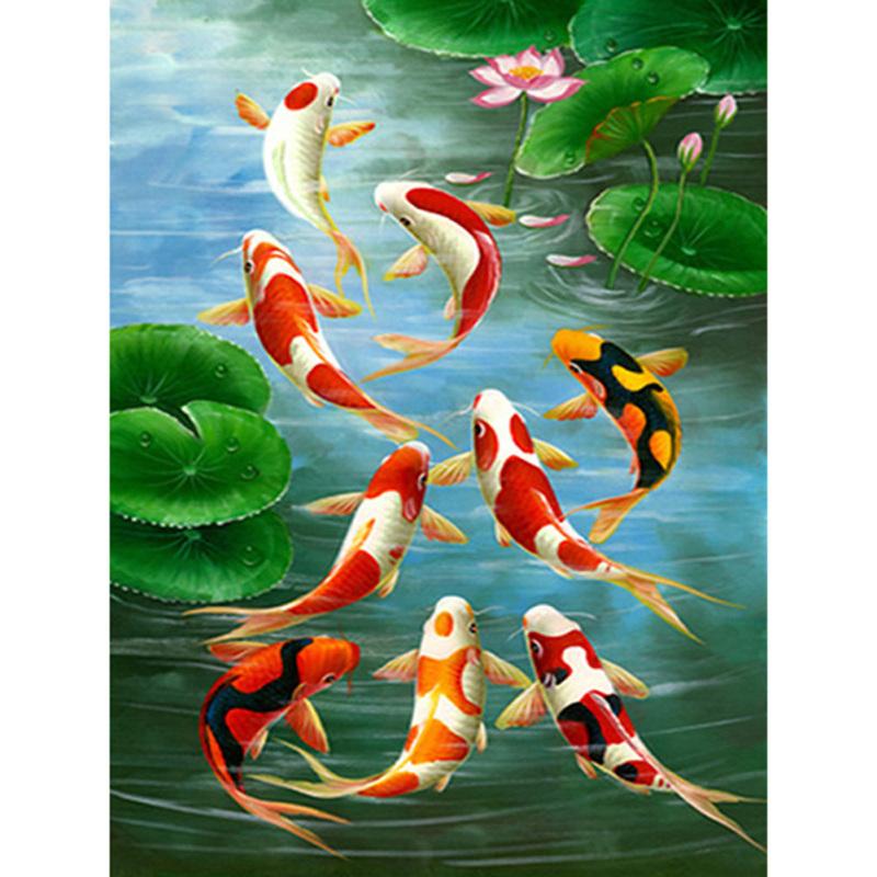 New! Diy 5d Diamond Painting Kit Koi Fish Lotus Lake Picture Handmade Mosaic Art Picture Home Decor