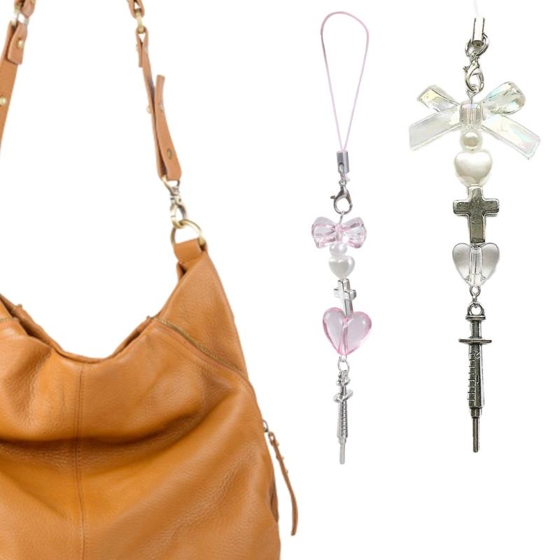Syringe Bowknot Hanging Pendant Sweet Cool Phone Strap Bag Decoration Portable Y2K Hanging Lanyard Gift for Girls Women