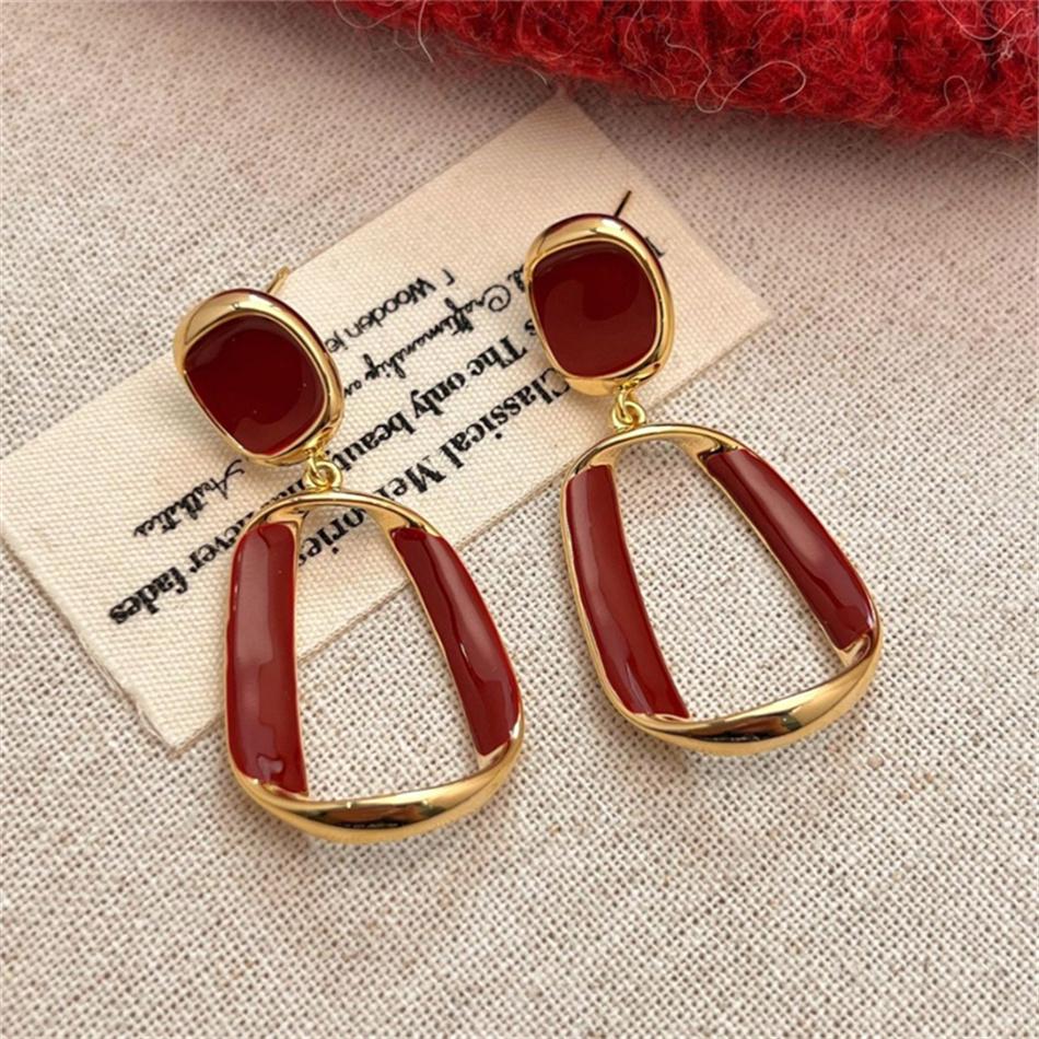 Ancona Red Big Hollow Square Enamel Geometry Drop Earrings Exaggerated Wedding Party Jewelry Accessories Christmas Gift