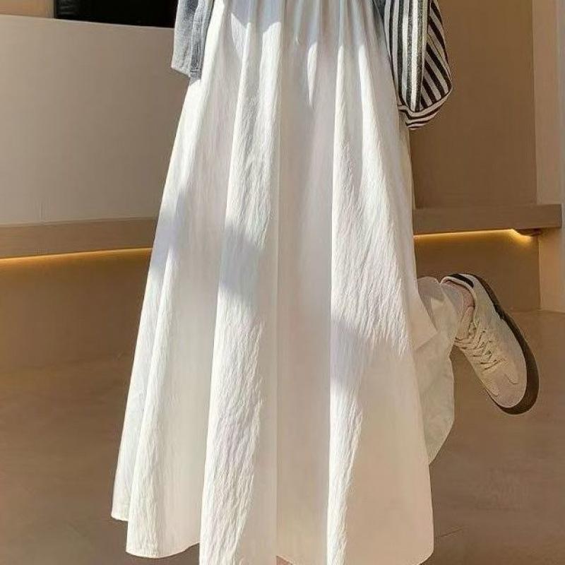 Women's Summer French Style White Half Skirt High-Waisted Elegant Drapey Pleated Skirt Mid-Length A-Line Long Skirt