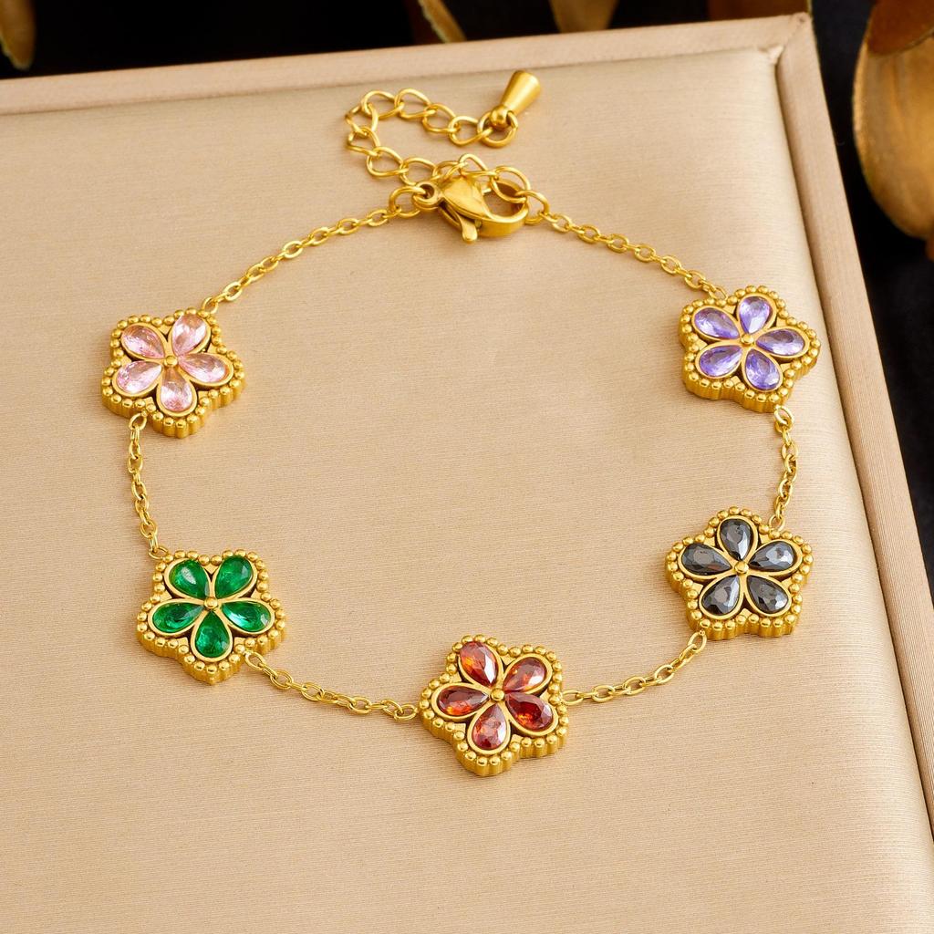 Gold-Plated Rhinestone Glass Flower Jewelry Set with Color Accents