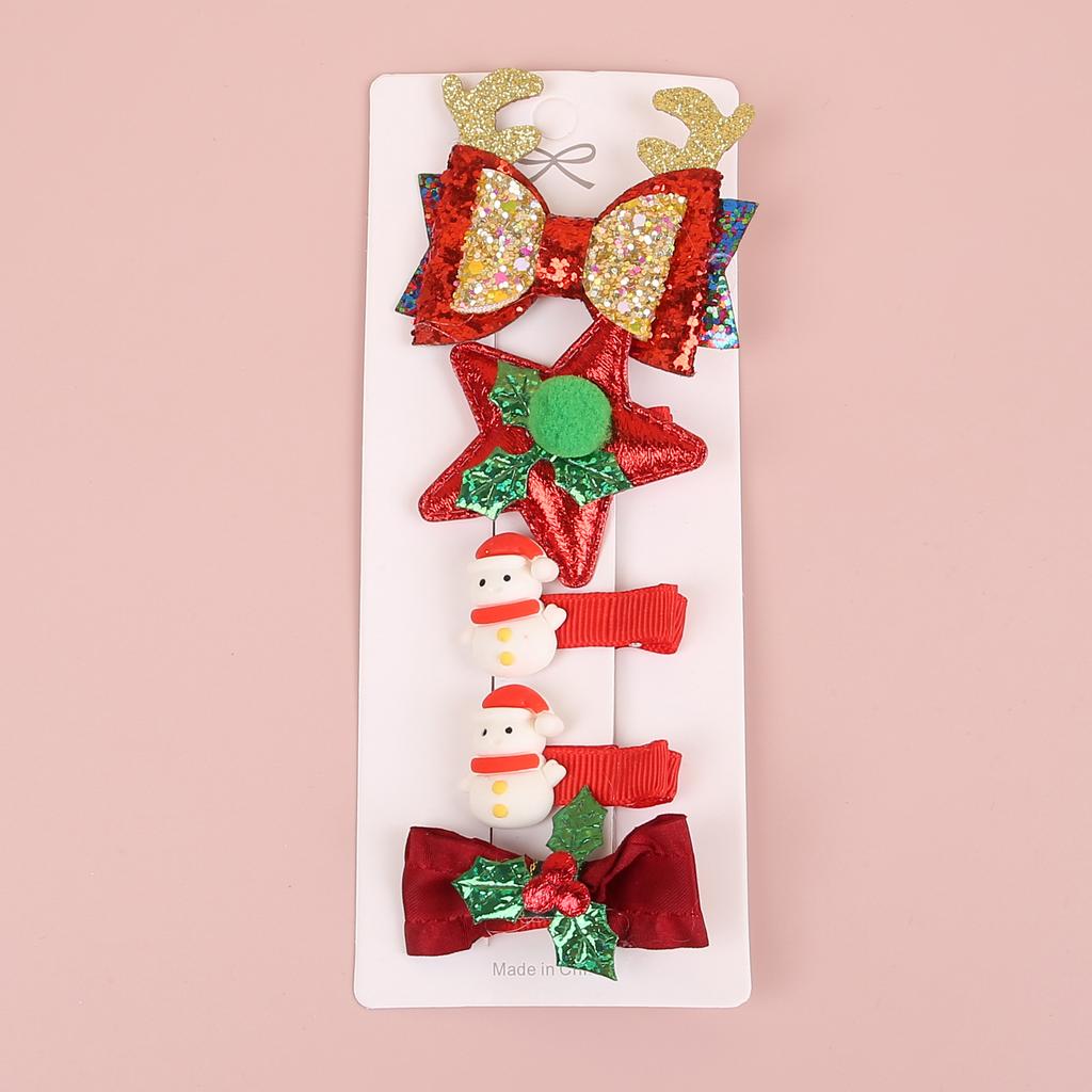 5pcs/set Kids Christmas Hair Clips Elk Snowflake Hairpins Baby Girls Hair Bows Barrettes Clips Christmas Party Hair Accessories