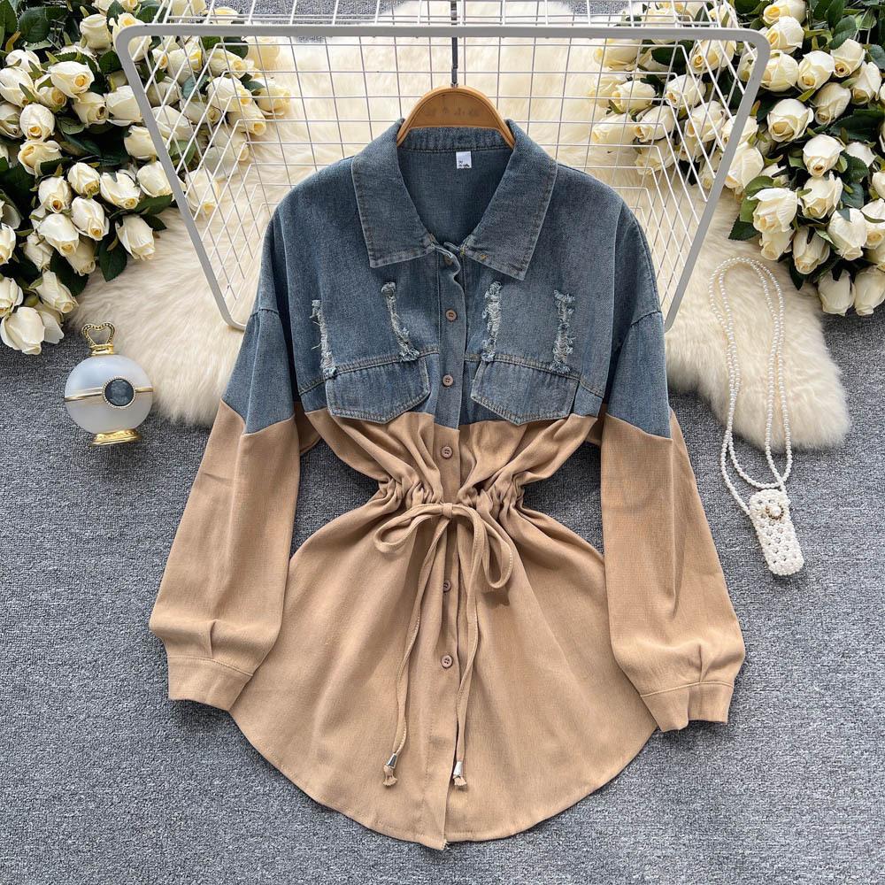 Dlouhý rukáv Letní Dámská Cowboy Splicing Color Collision Temperamentní Dlouhá košile