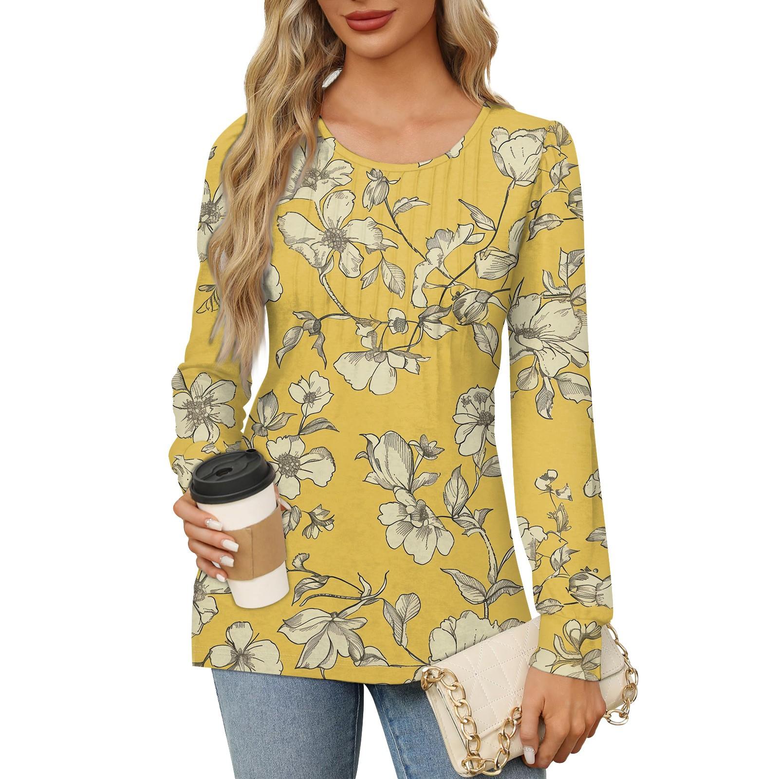 

Жіноча повсякденна плісирована футболка з круглим вирізом і довгими рукавами з градієнтним принтом XL жовтий