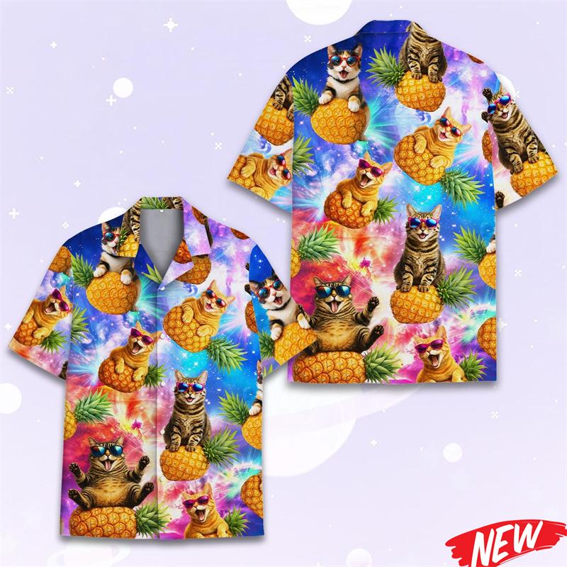 Lustiges Pizza-Katzenmuster Hawaiianisches Hemd für Herren 3D-bedruckte Tierhemden Sommer Strand Lässig Kurzarm Street Reversbluse