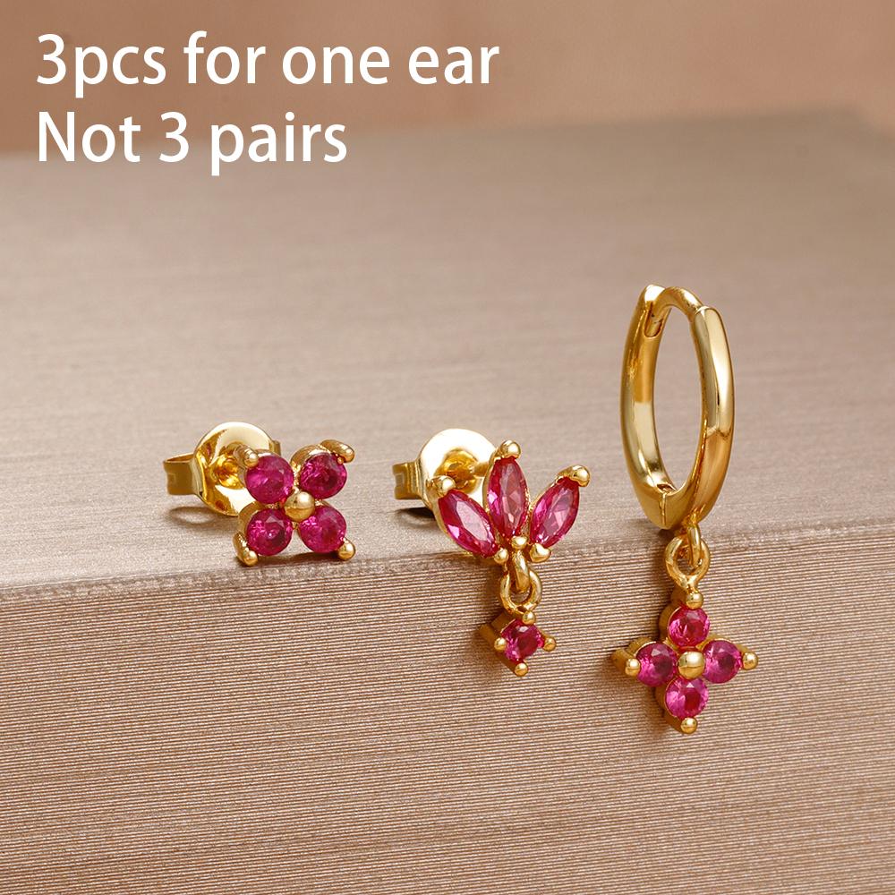 3PCS Rose Red Cubic Zircon Stainless Steel Hoop Earrings Set 18K Gold Plated Huggie Pendant Piercing Earring Women's Jewelry