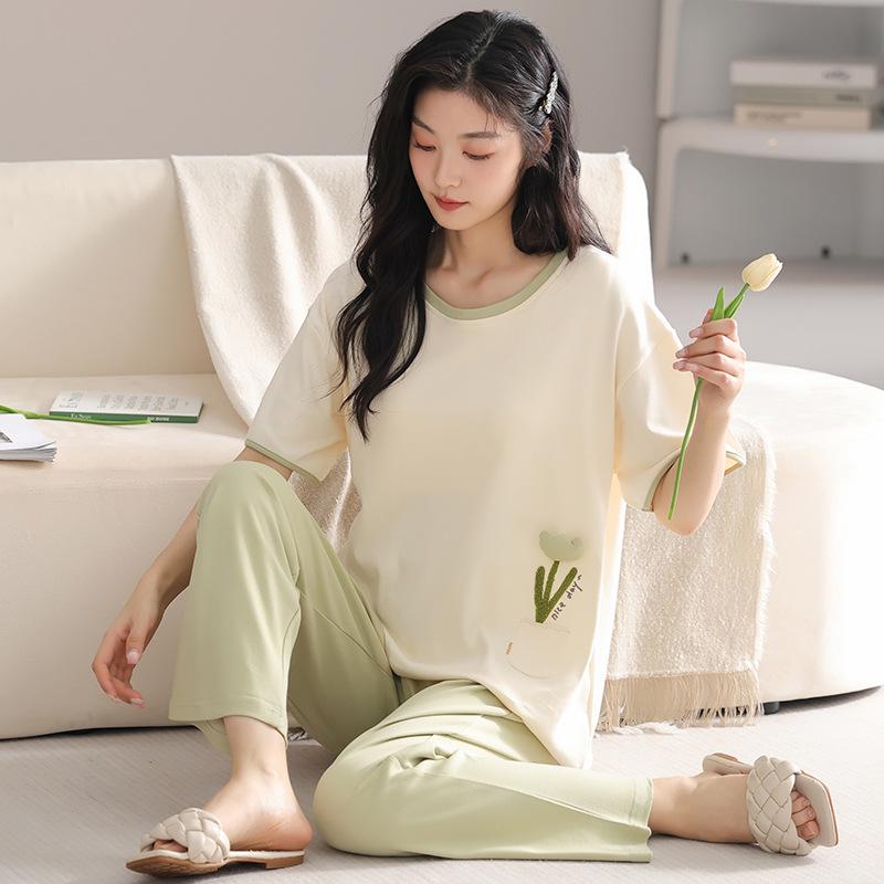 2024 Women's Summer Pajama Set: Pure Cotton, Short Sleeve, Long Pants - Lightweight and Casual for Indoors or Outdoors
