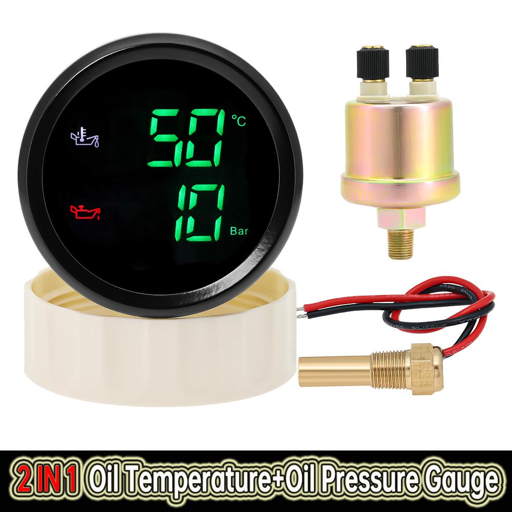 2 IN 1 Oil Temperature+Oil Pressure Gauge with Sensor Digital Display Red/Green Car Gauge Backlight for Marine Boat Car 9-32V