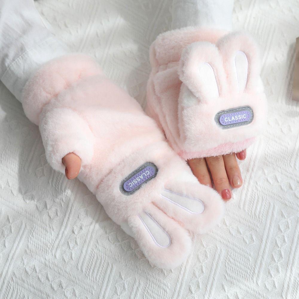Thickened Half Finger Gloves Cartoon Flip Cover Plush Gloves Gift Rabbit Ears Mittens School