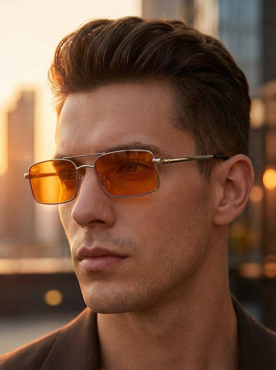 A pair of men s narrow double-bridge metal square-frame glasses with concave design, street-style trendy double-bridge, hip-hop оранжевый