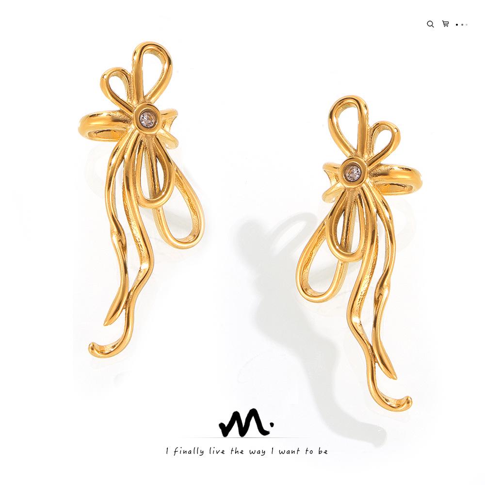 

Geometric Hip-Hop Style U-Shaped Titanium Steel Earrings with Inlaid Diamond Bow