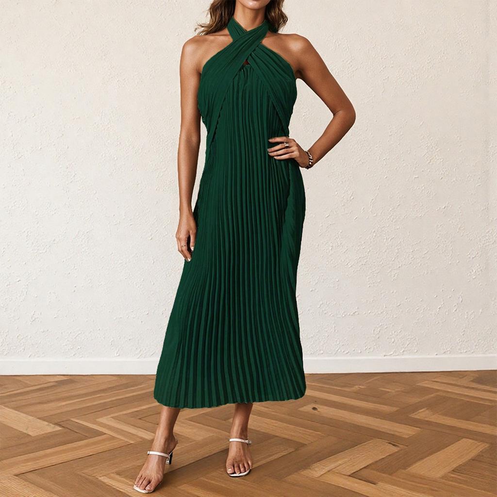 Women's Fashionable Sexy Solid Color Hanging Neck Backless Vacation Sleeveless Pleated Dress