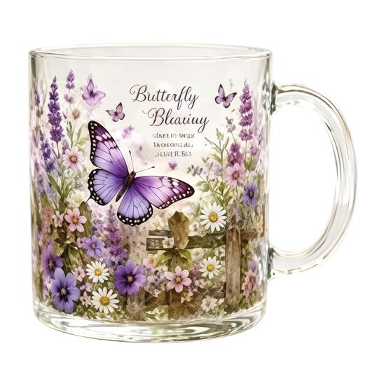 Morning Glass Tea Cup, Hummingbird Flower Pattern Tumbler with Gold Rim, Nature Themed Glassware for Tea Coffee Juice Wine Hot Cold Drinks Gift