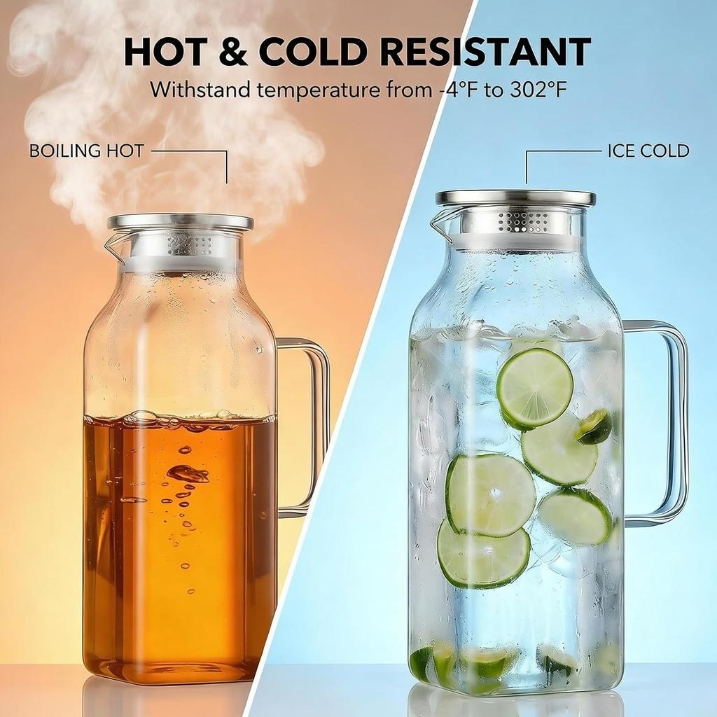 Glass Water Pitcher, 2 Liter/68 oz Square Glass Pitcher with Lid and Handle, Clear Heat Resistant Glass Water Jug Carafe Juice Container for Hot Tea