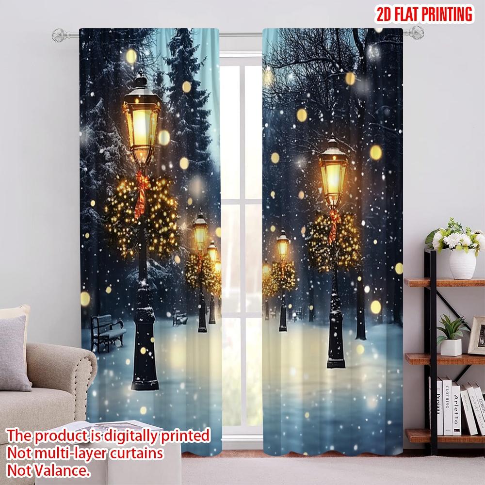 

Set Of 2 Flat Printing Christmas Window Drapes Cedar Trees Street Lamps Polyester Without Electricity Holiday Decorations Use Curtain Made W100*H70(CM)-Hooks&1PCS