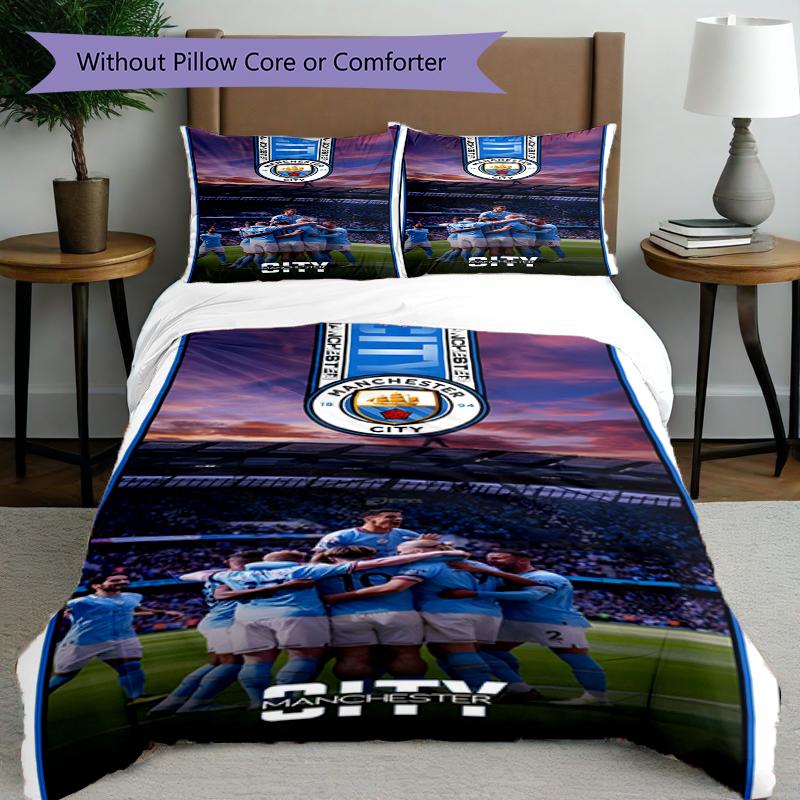 3pcs Duvet Cover Set (1*Duvet Cover + 2*Pillowcase, Without Core),Manchester City FC Print Bedding Set, Bedroom Decor, All‑Season, Birthday Gift
