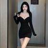Foreign Style Fashion Long-sleeved Low-cut Tight Elastic Hip Skirt Spring and Autumn New Sexy Hot Girl Dress Women
