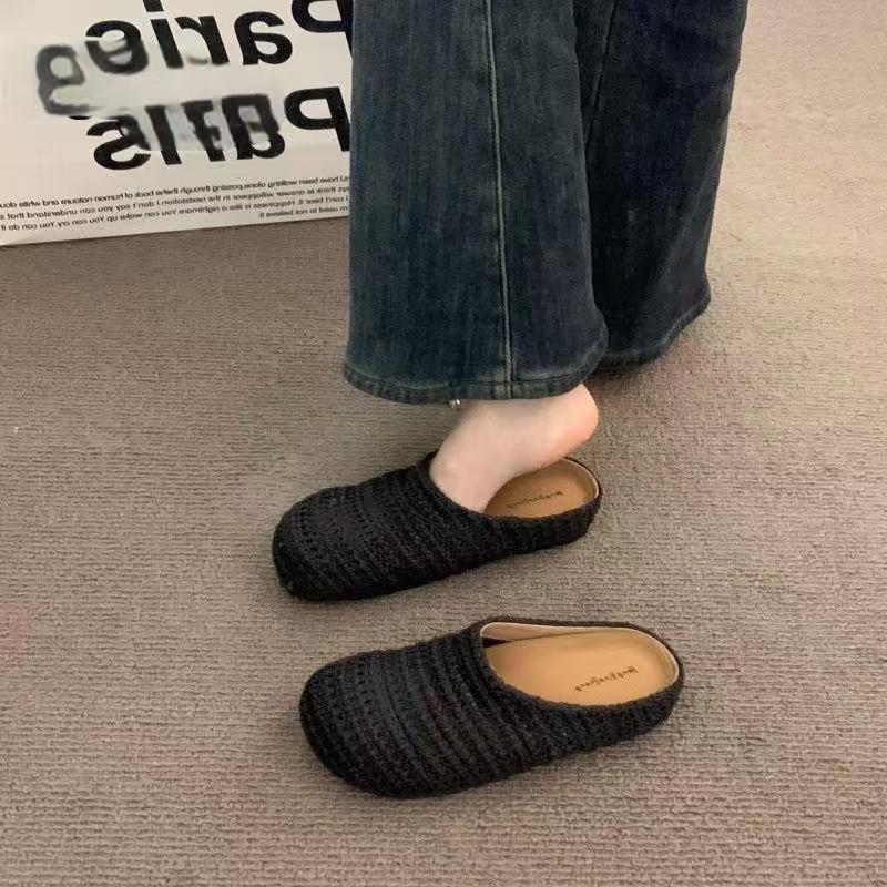 Spring New Hollow Woven Bag Head Half Slippers Women's Wear Versatile Casual Flat Women's Shoes Drag