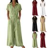 Women's Casual Short Sleeve Button Front Tie Waist Loose Wide Leg Jumpsuit