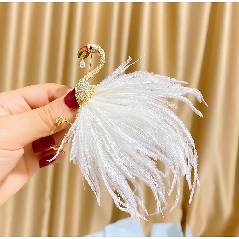 Zircon Flamingo Brooch with Feather Design - Creative Korean Fashion Accessories for Women
