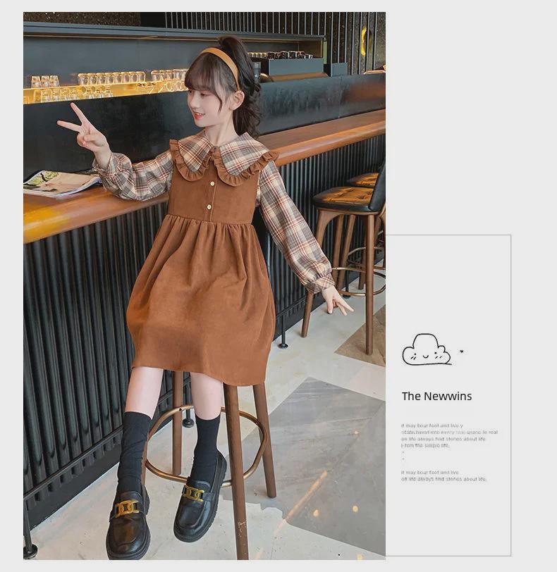 Girls' College Style Plaid Dress – Long-Sleeve, Two-Piece Look for Spring/Autumn