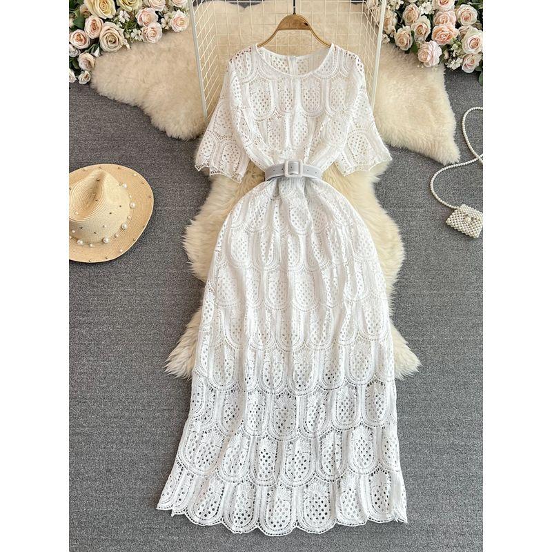 Summer Retro Cut Out Lace Dress Elegant Short Sleeve