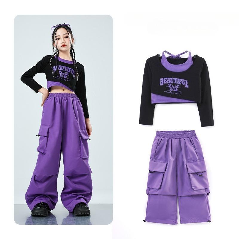 Children's Street Dance Fashion Suits Girl's Jazz Performance Hip-hop Clothes Color Matching Cool Wide Leg Pants 2-piece Set
