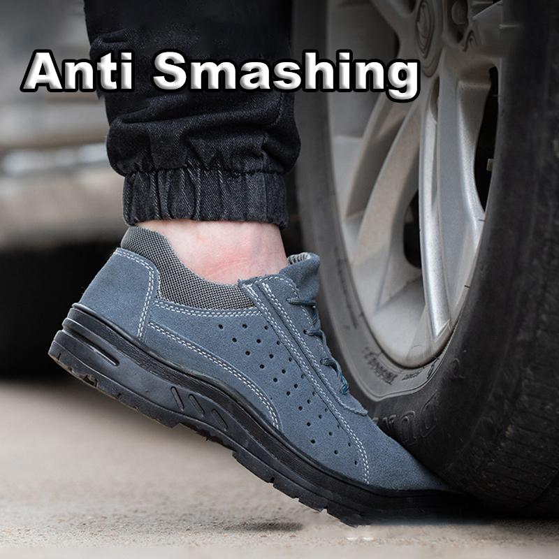 Oulylan Male Breathable Cowhide Safety Shoes Welder Anti-Smash Work Footwear Men Wear Resistant Shoe Steel Toe Security Sneakers