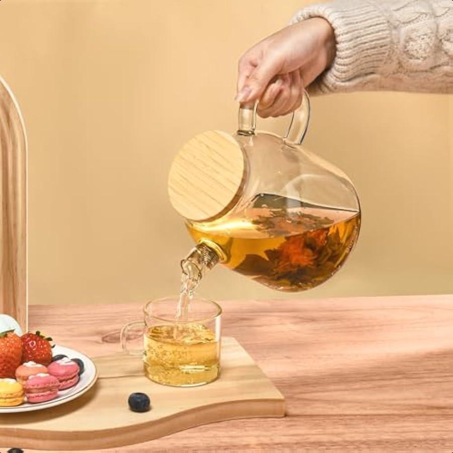 1500ml Glass Teapot with Bamboo Lid 50oz Stovetop Safe Borosilicate Glass Tea Kettle with Infuser for Blooming Tea Fruit Tea Lo