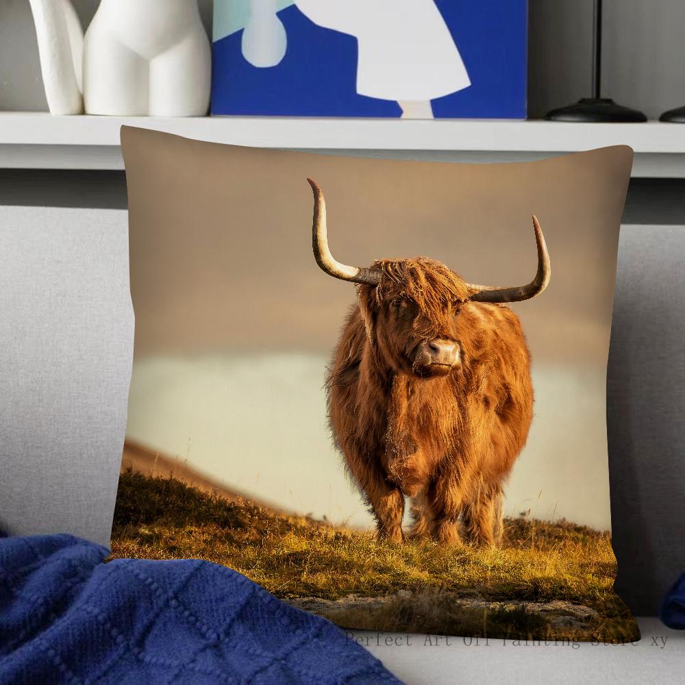 Scottish Highland Cattle Pillow Case Fashion Square Pillowcase Bedroom Sofa Room Ins Decoration Leisure Cushion Cover 40x40