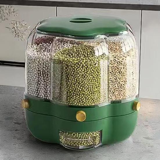Rotating Grain Storage Bin Large Capacity 6 Grids Design Moisture-Proof Transparent Rice Container Cereal Dispenser Bucket