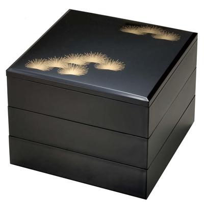 Wakaizumi Wakana Jubako Black with Wakamatsu Pine 3 Lacquerware, 7-inch (Wakana Box), (Black Interior), Tiers, H-159-10A