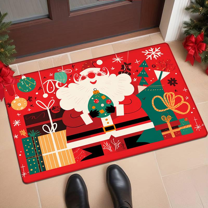 Flannel Thickness 0.47inch - 1pc Cartoon Christmas Door Mat, Santa Claus and Christmas Gifts Print Absorbent Non-Slip Mat, Comfo
