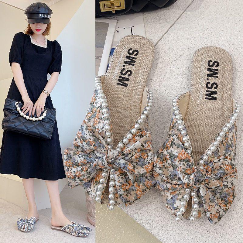 Slippers female summer wear small floral flat bottom fish mouth sandals fashion one pedal bag head half drag