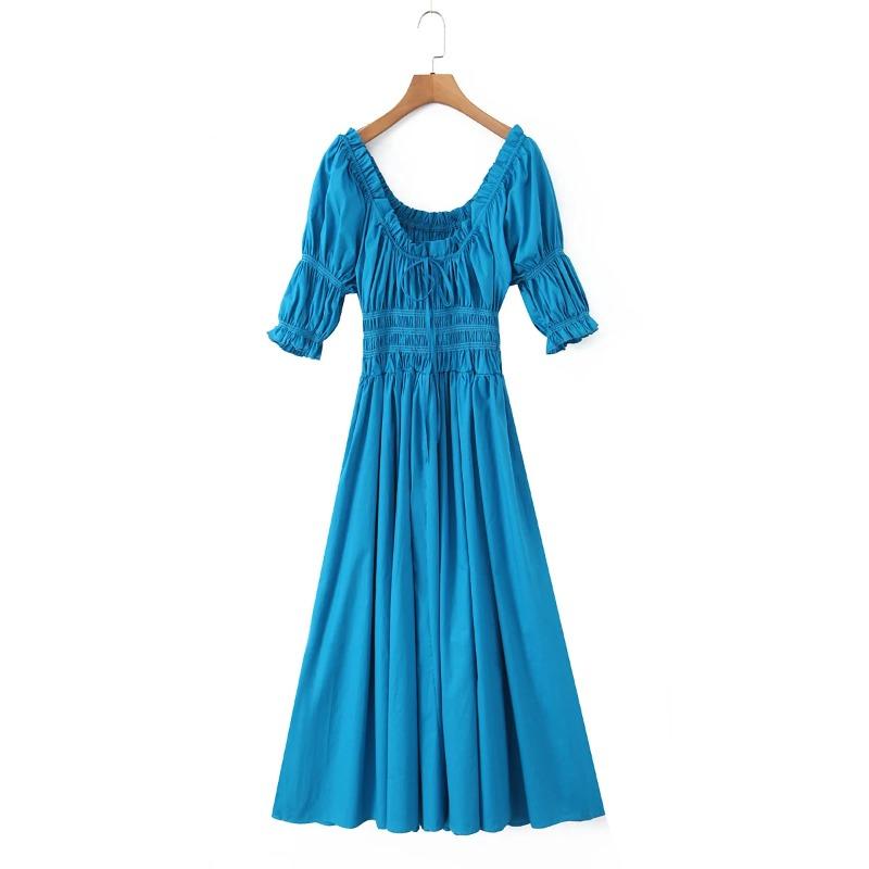Wood Ruched Chest Bow U Collar Puff Sleeve Dress Elastic High Waist Pleated Swing Midi Long Dresses Holiday Vestidos