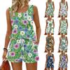 Women Summer Casual Floral Print Tank Top Sleeveless Square Neck Sportswear with Pockets Drawstring Shorts Two Piece Set