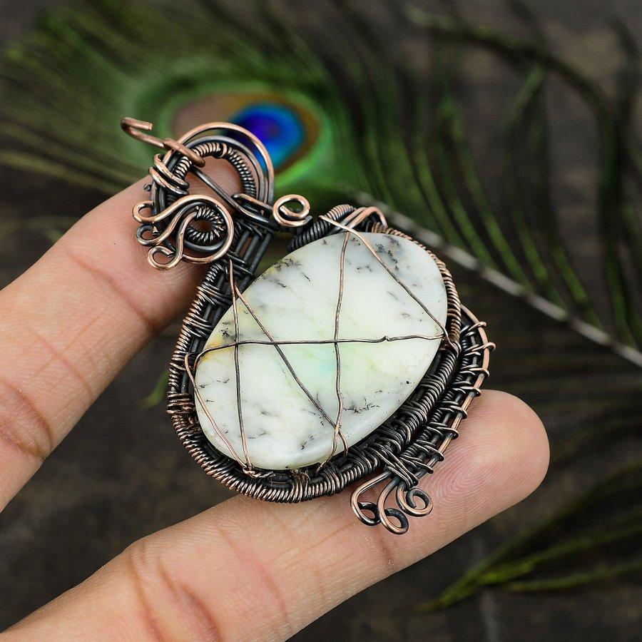 Natural Dendrite Opal Gemstone Handmade Copper Wire Wrap Pendant 2.84" g4F16