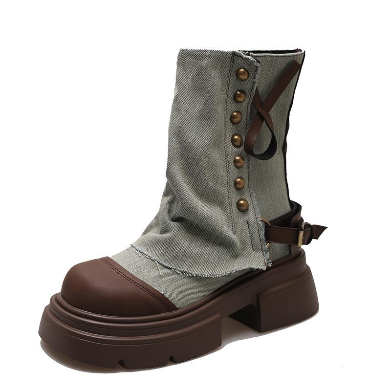 Niche design pants boots women's Korean version doll head muffin bottom cowboy boots fashion versatile medium boots cigarette boots