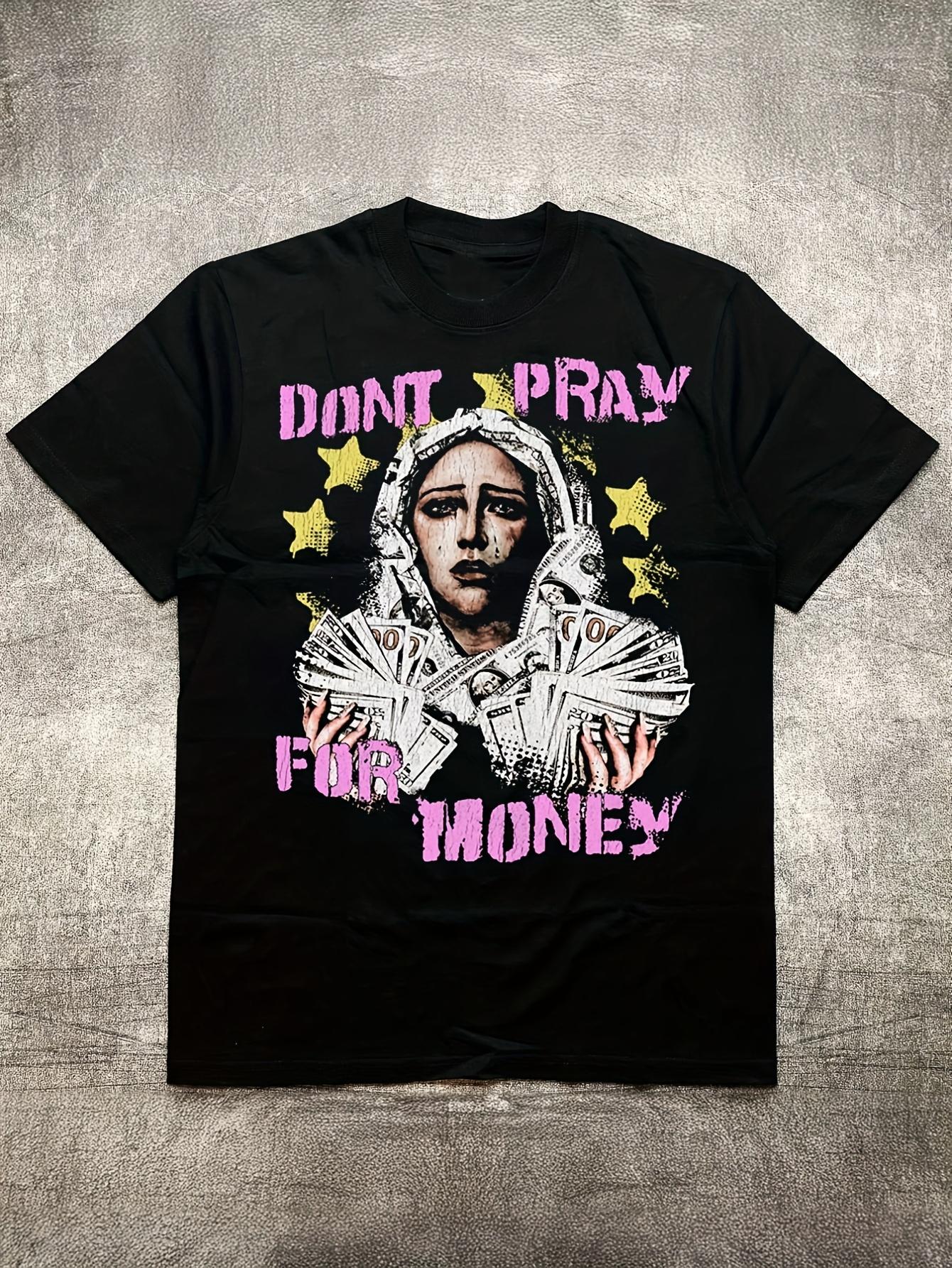 Cotton Crew Neck Short Sleeve T-shirt with  Don t Pray for Money  Slogan & Golden Stars Design - Heat Transfer Graphic Tee M