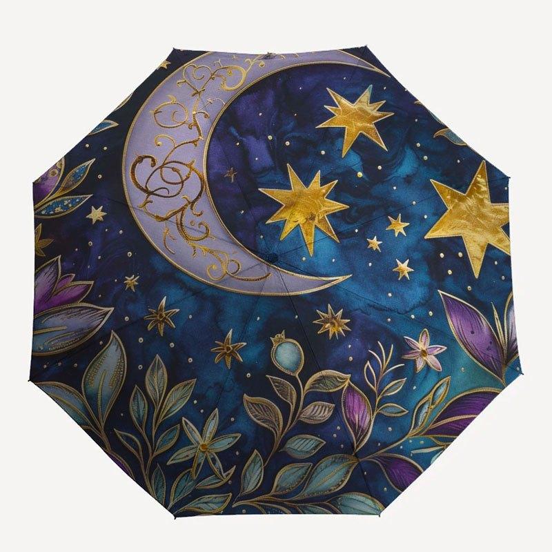 Starry Night Moon and Stars Decorative PlateUmbrella with Cute Design, Portable 3-Fold Compact Umbrella for Men & Women, Valentine's Day Mother's Day