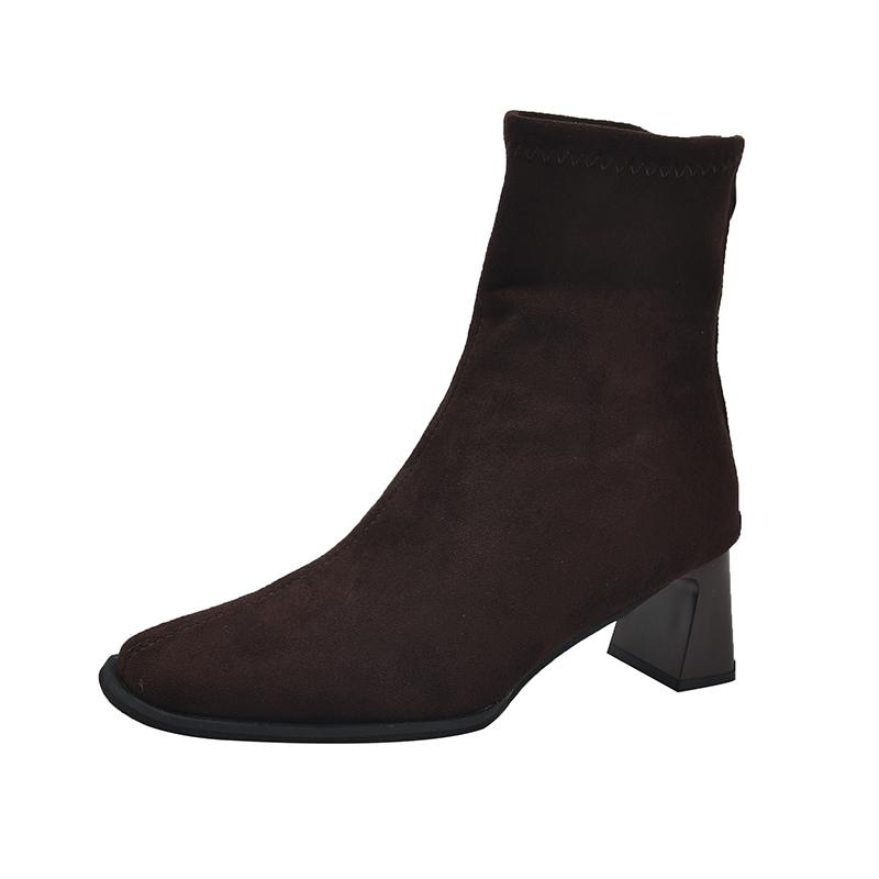 Women's Fleece-lined Small Leg Boots High Heel Korean Style Winter Shoes  New Autumn Short Boots Rubber Material