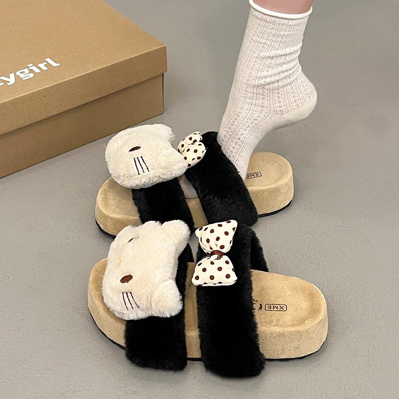 Cute Mao Mao cartoon KT cat bow Mao Mao slippers women's 2025 autumn and winter new one-word parallel bar cotton slippers