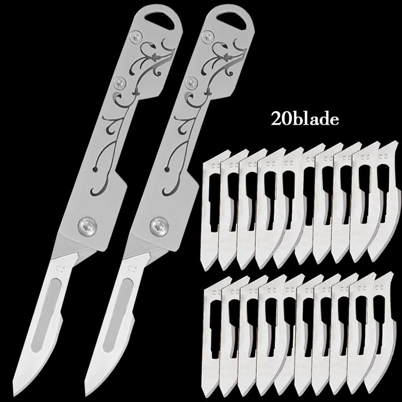 Stainless Steel Mini Pocket Knife Floral Pattern Handle Open Scalpel Knife Replaceable Blades Multifunctional Kitchen Knives