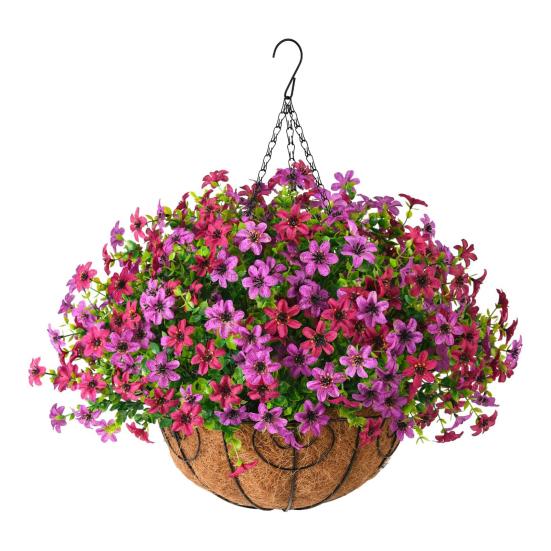 Yousheng Artificial Hanging Flowers Basket UV Resistant Outdoor Fake Hanging Plants Colorful Faux Silk Flowers Eucalyptus In Basket for Porch Patio