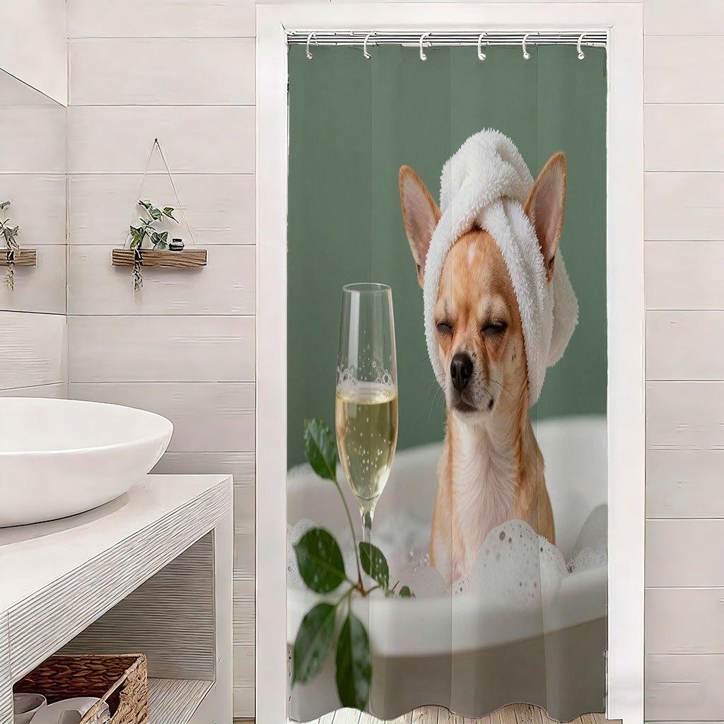 Funny Chihuahua Shower Curtain, Dog Spa Bath Print, Humorous Animal Bathroom Decor, Waterproof Fabric Panel