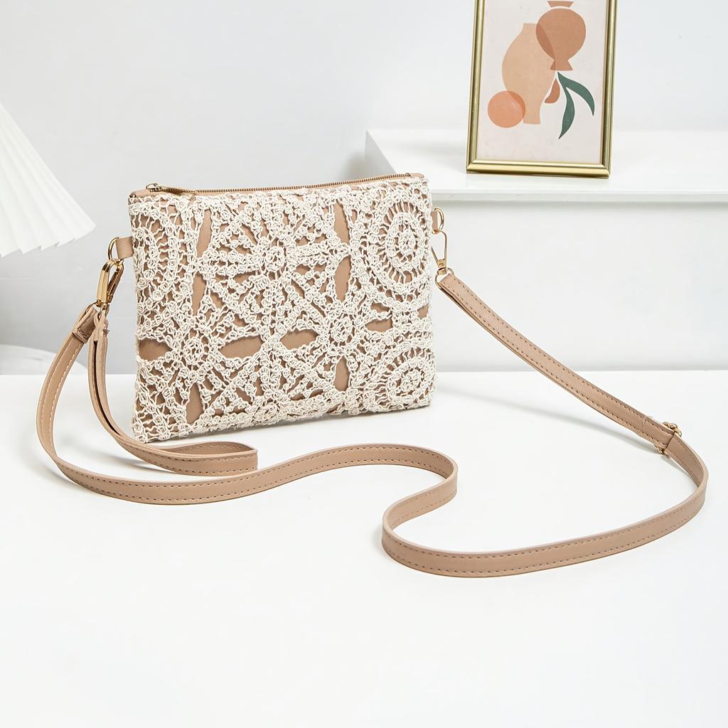 Elegant Feminine Crossbody Bag | Intricate White Patterns, Adjustable Strap For Dresses & Casual Outfits