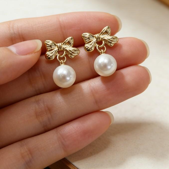 Delicate bow pearl pendant stud earrings temperament commuter earrings earrings