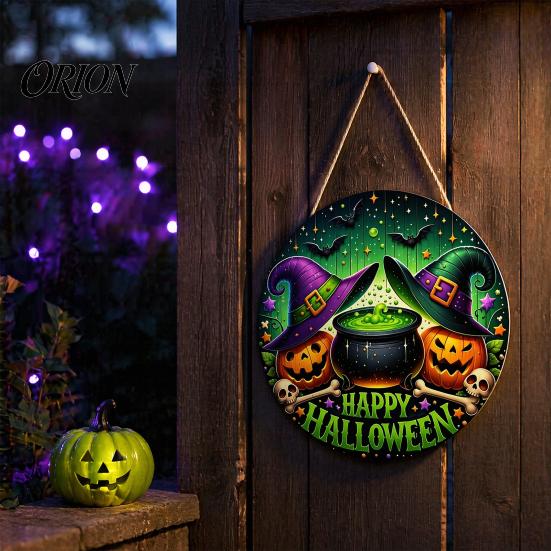 Halloween Gift for Friends Happy Front Door Hanging Sign, Retro Round Witch Hat Magic Cauldron Horror Rustic Wood Plaque Wooden Welcome Pendant
