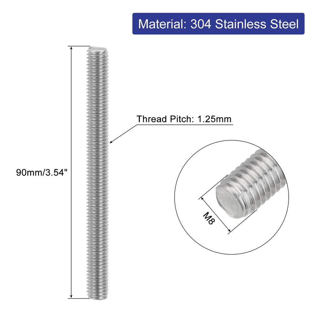 uxcell 8pcs Complete Thread Rod M8 x 90mm 304 Stainless Steel Right Hand Thread